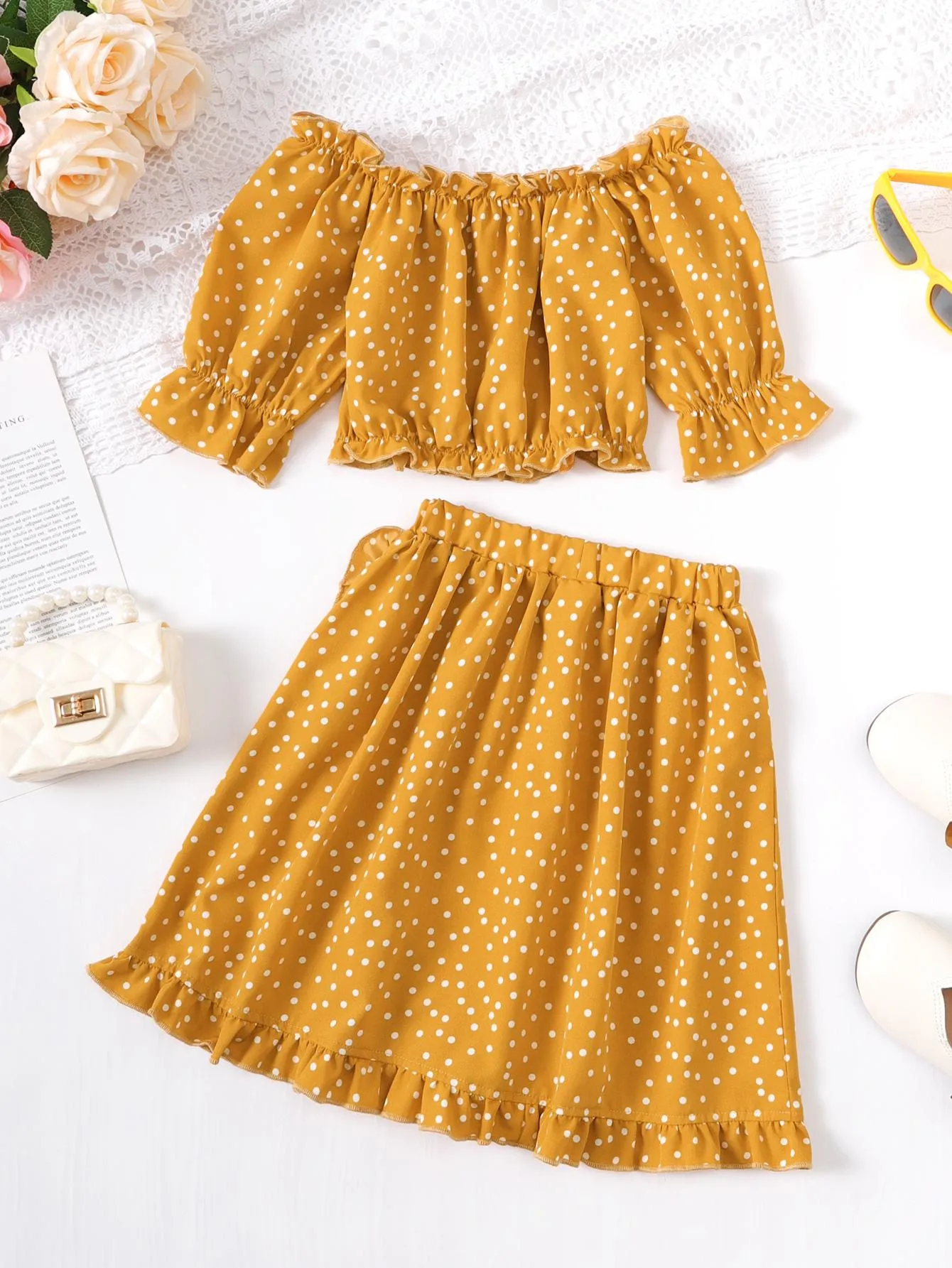 18M-6Y Kids Fashion Ready Stock Girls Outfits Wave Point Pagoda Sleeve Tops Elastic Skirts 2Pcs Clothes Set Yellow Catpapa 623030009