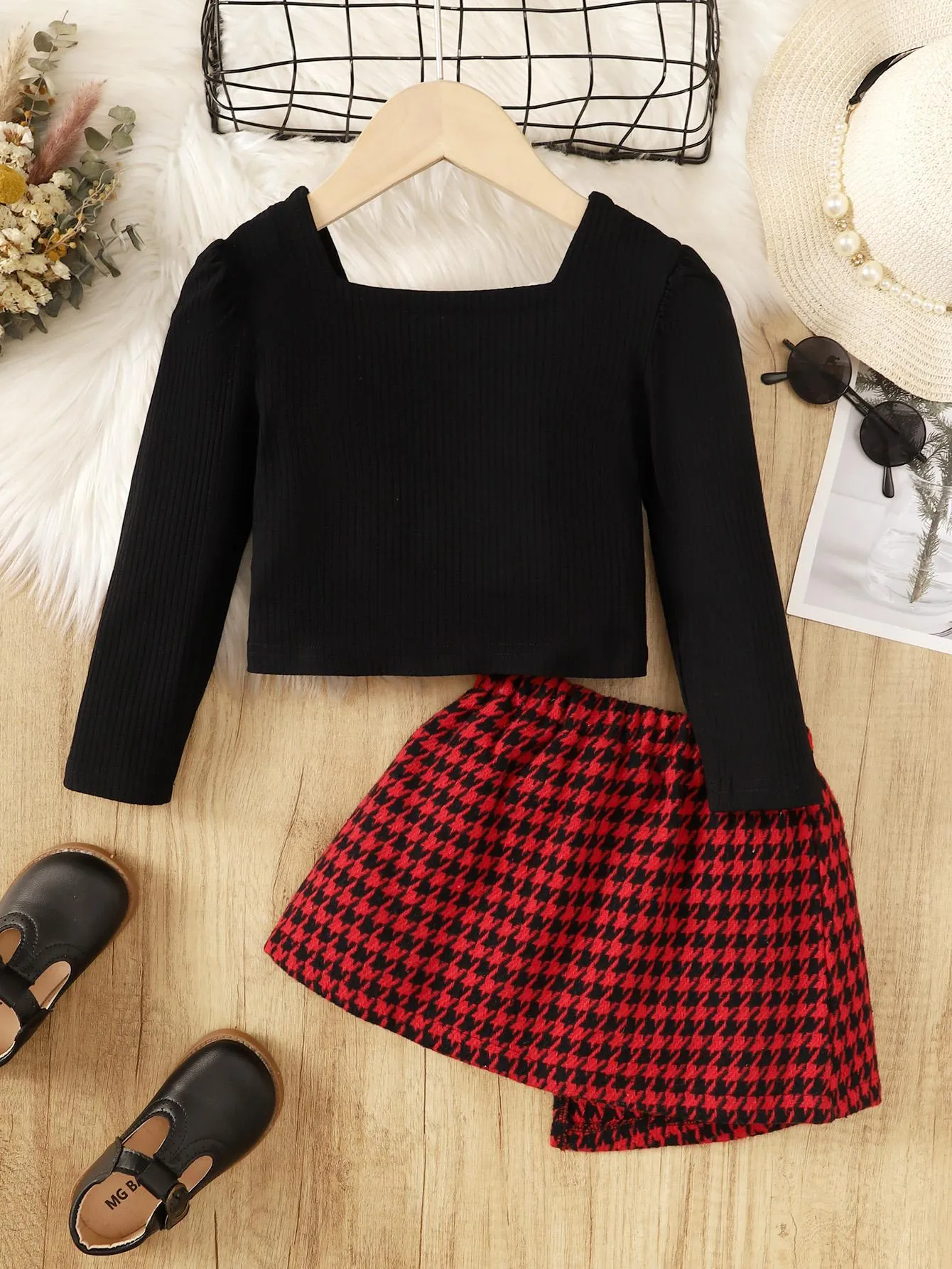 2-7Y Kids Girls Skirts Sets Long Sleeve Pure Color Tops Asymmetrical Houndstooth Skirts Spring Autumn 2Pcs Clothing Black Catpapa  462308161