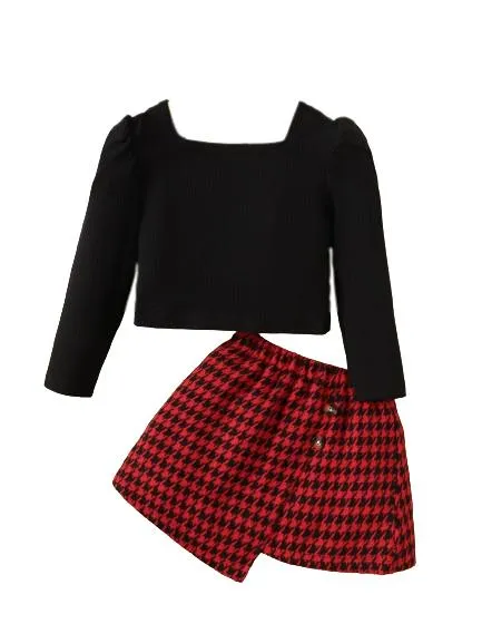 2-7Y Kids Girls Skirts Sets Long Sleeve Pure Color Tops Asymmetrical Houndstooth Skirts Spring Autumn 2Pcs Clothing Black Catpapa  462308161