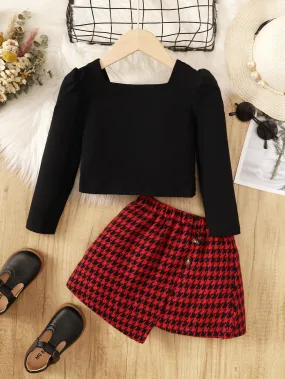 2-7Y Kids Girls Skirts Sets Long Sleeve Pure Color Tops Asymmetrical Houndstooth Skirts Spring Autumn 2Pcs Clothing Black Catpapa  462308161