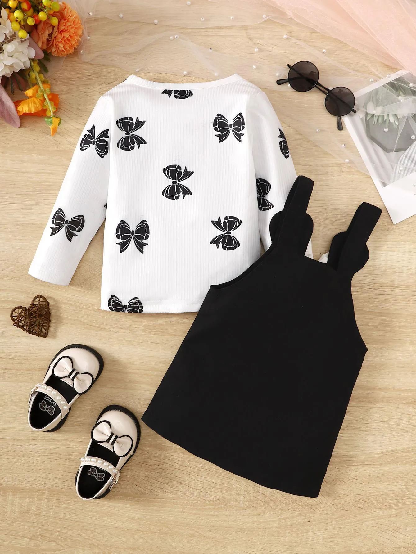 3-24M  Baby Girls Ready Stock Clothes Bow Pattern Print Long Sleeve Tops Straps Suspender Skirts 2Pcs Spring Fall Outfits Black Catpapa 462308302