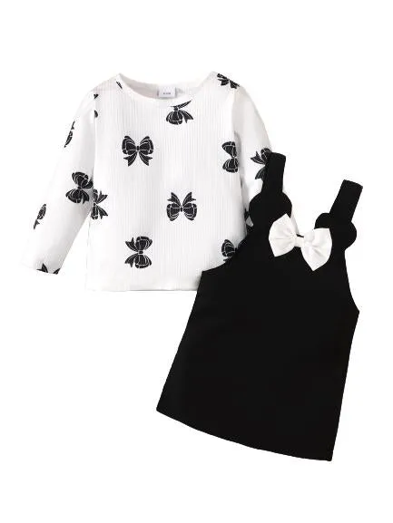3-24M  Baby Girls Ready Stock Clothes Bow Pattern Print Long Sleeve Tops Straps Suspender Skirts 2Pcs Spring Fall Outfits Black Catpapa 462308302