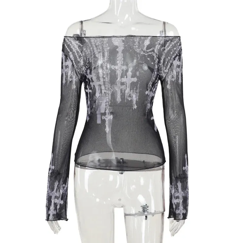 Black Gothic Mesh Cross Print Top