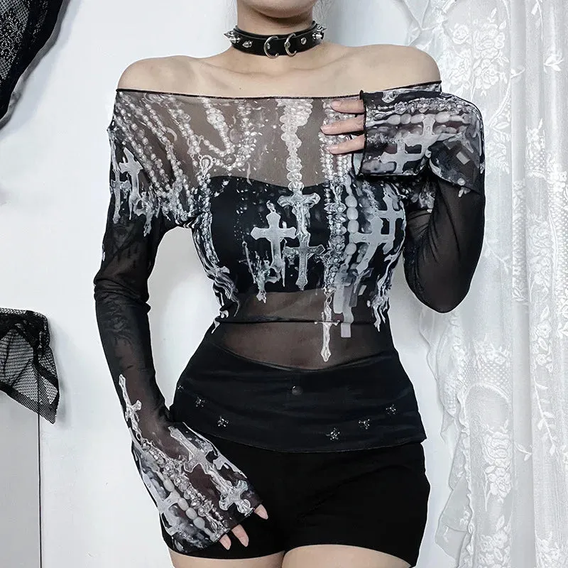 Black Gothic Mesh Cross Print Top