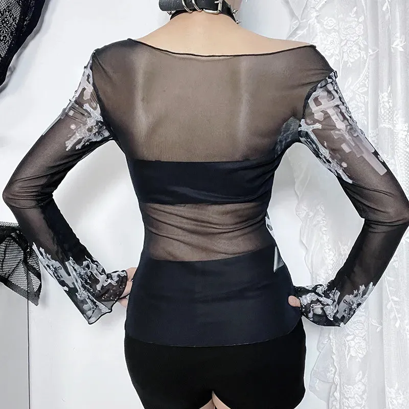 Black Gothic Mesh Cross Print Top