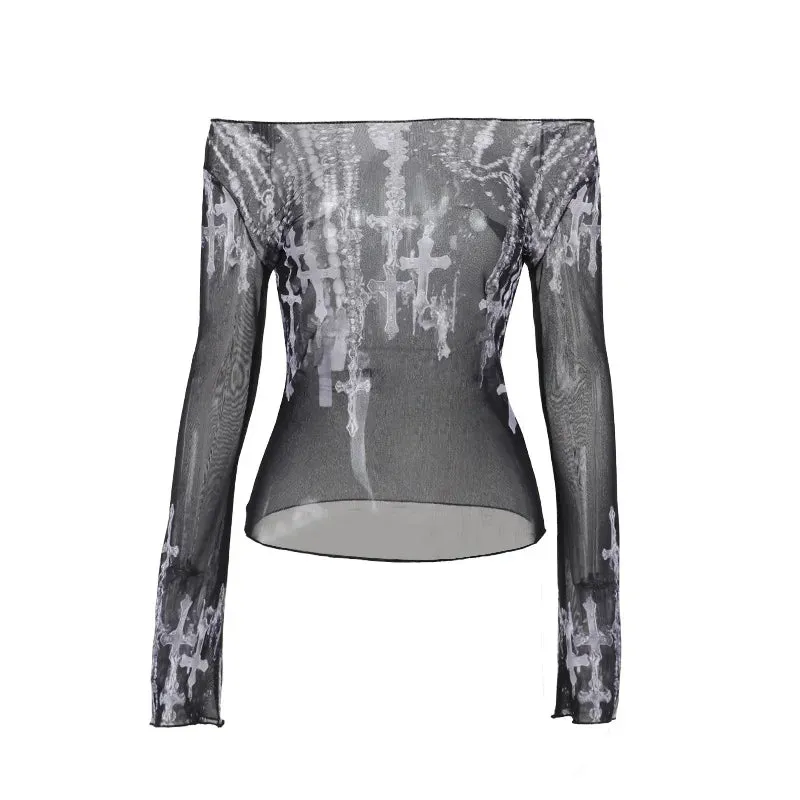 Black Gothic Mesh Cross Print Top
