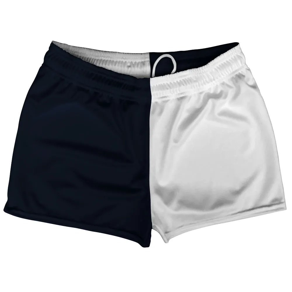 Blue Navy Almost Black And White Quad Color Shorty Short Gym Shorts 2.5" Inseam Made In USA