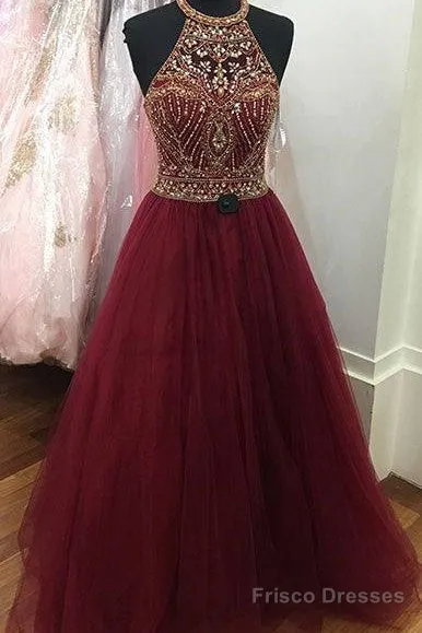 Burgundy O Neck Sequin Beads Tulle Prom Dress, Burgundy Evening Dress