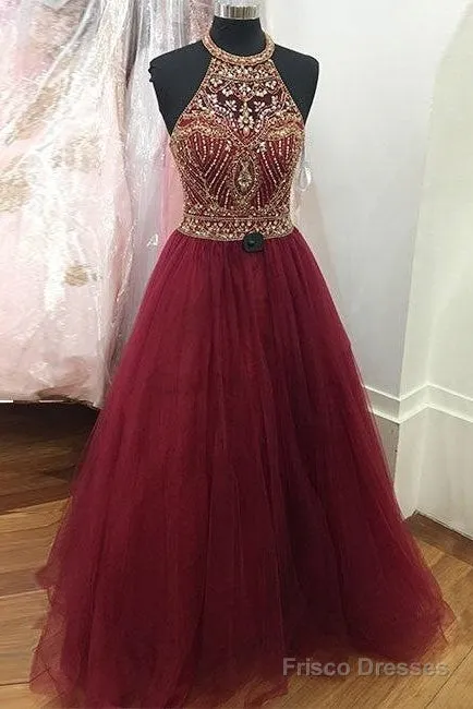 Burgundy O Neck Sequin Beads Tulle Prom Dress, Burgundy Evening Dress