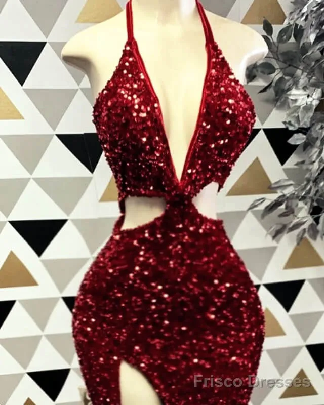 Burgundy Sequin Cut-Out Prom Dresses