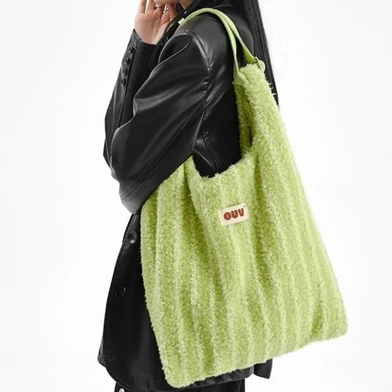 UAKISS  -  Y2k Aesthetic Women Fashion Fluffy Shoulder Underarm Bag Vintage All Match Striped Handbags High-capacity Casual Chic Tote Bags