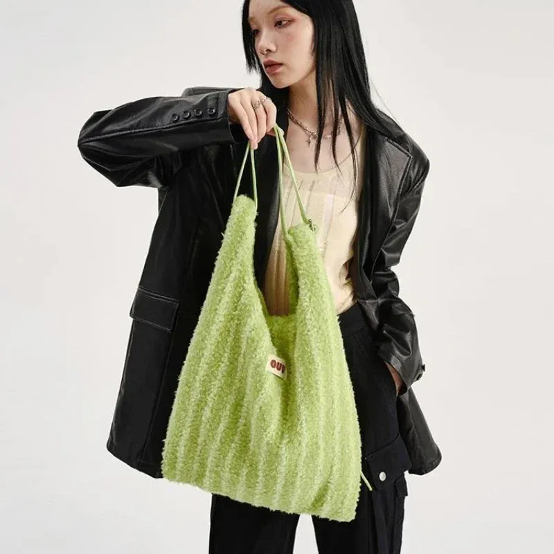 UAKISS  -  Y2k Aesthetic Women Fashion Fluffy Shoulder Underarm Bag Vintage All Match Striped Handbags High-capacity Casual Chic Tote Bags