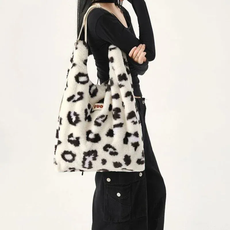 UAKISS  -  Y2k Aesthetic Women Fashion Fluffy Shoulder Underarm Bag Vintage All Match Striped Handbags High-capacity Casual Chic Tote Bags