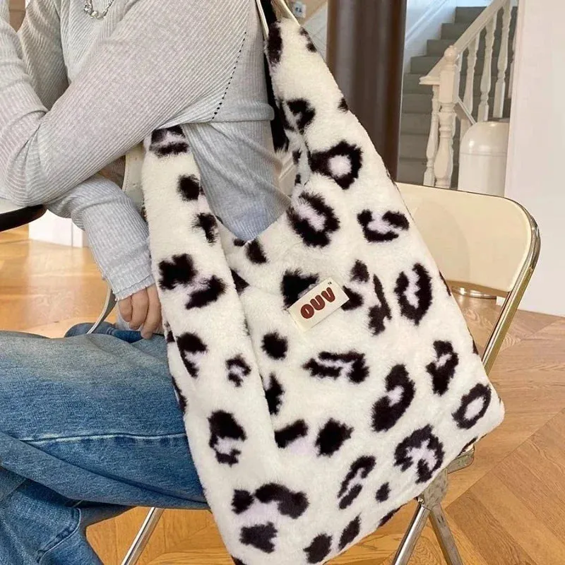 UAKISS  -  Y2k Aesthetic Women Fashion Fluffy Shoulder Underarm Bag Vintage All Match Striped Handbags High-capacity Casual Chic Tote Bags