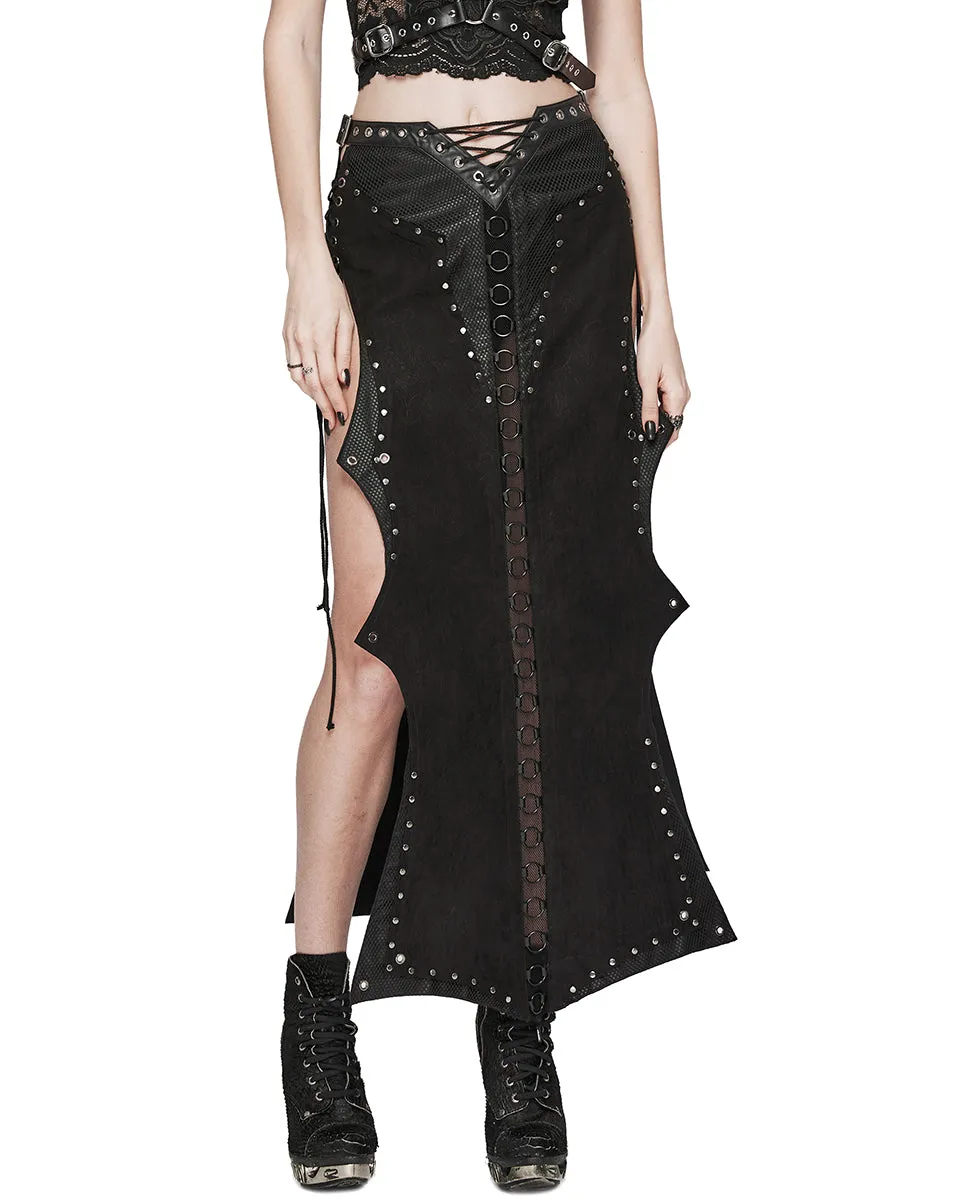 WQ-711BQF-BKF Long Apocalyptic CyberPunk Studded Side-Split Lacing Skirt
