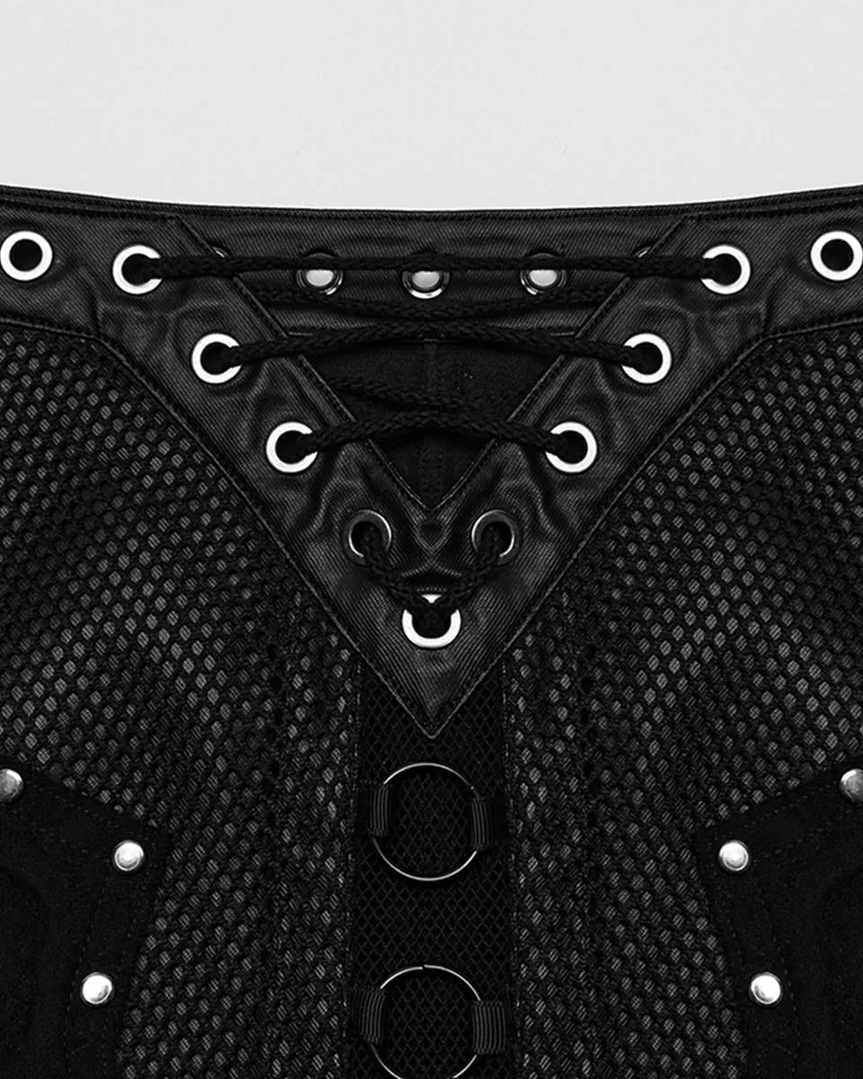 WQ-711BQF-BKF Long Apocalyptic CyberPunk Studded Side-Split Lacing Skirt