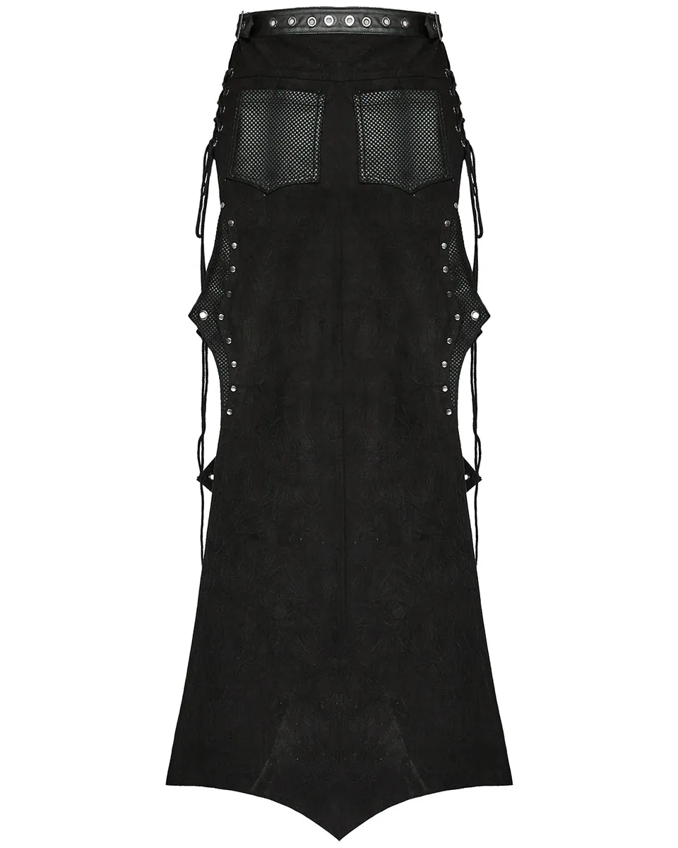 WQ-711BQF-BKF Long Apocalyptic CyberPunk Studded Side-Split Lacing Skirt