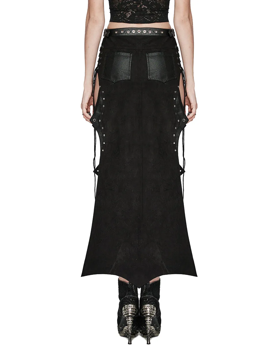 WQ-711BQF-BKF Long Apocalyptic CyberPunk Studded Side-Split Lacing Skirt